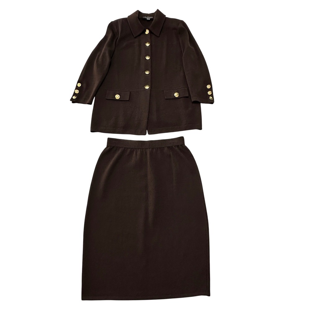 St. John Collection Brown Knit Suit Set Sz 14/12 Gold Buttons Mended Flaws Vtg - Picture 3 of 16